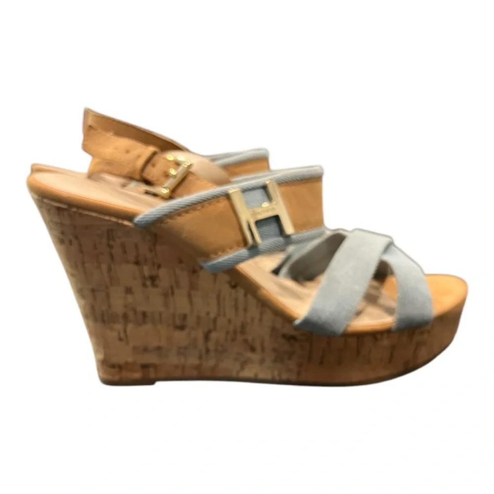 Tommy Hilfiger Denim and Tan Cork Gold‎ Hardware Wedges Size 9